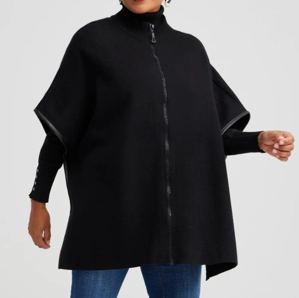 Chico's Embellished Black Zipper Sweater Ruana L/XL